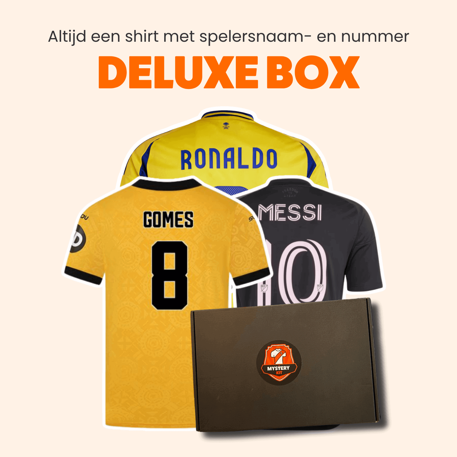 Voetbalshirt met naam en rugnummer, geleverd in de Deluxe Box van Mystery Kit.
