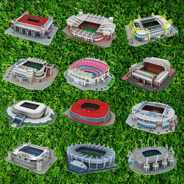 Afbeelding van de verschillende stadions die in de Mystery Box - 3D Puzzel Voetbalstadion kunnen zitten.