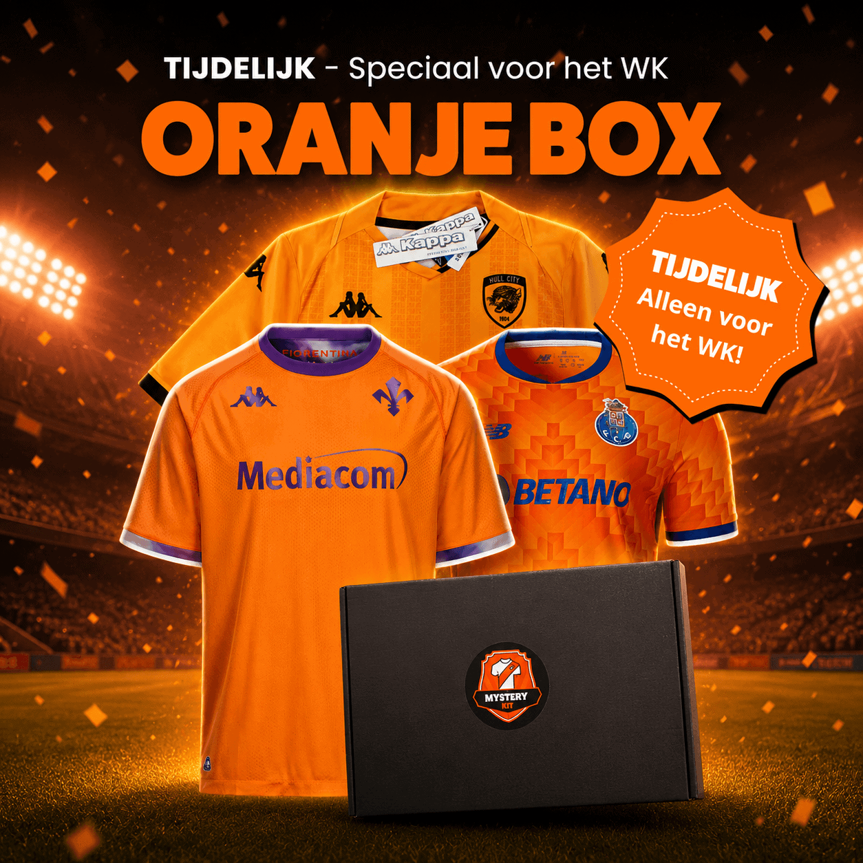 Oranje Box WK Special van Mystery Kit met officiële oranje voetbalshirts van willekeurige clubs wereldwijd