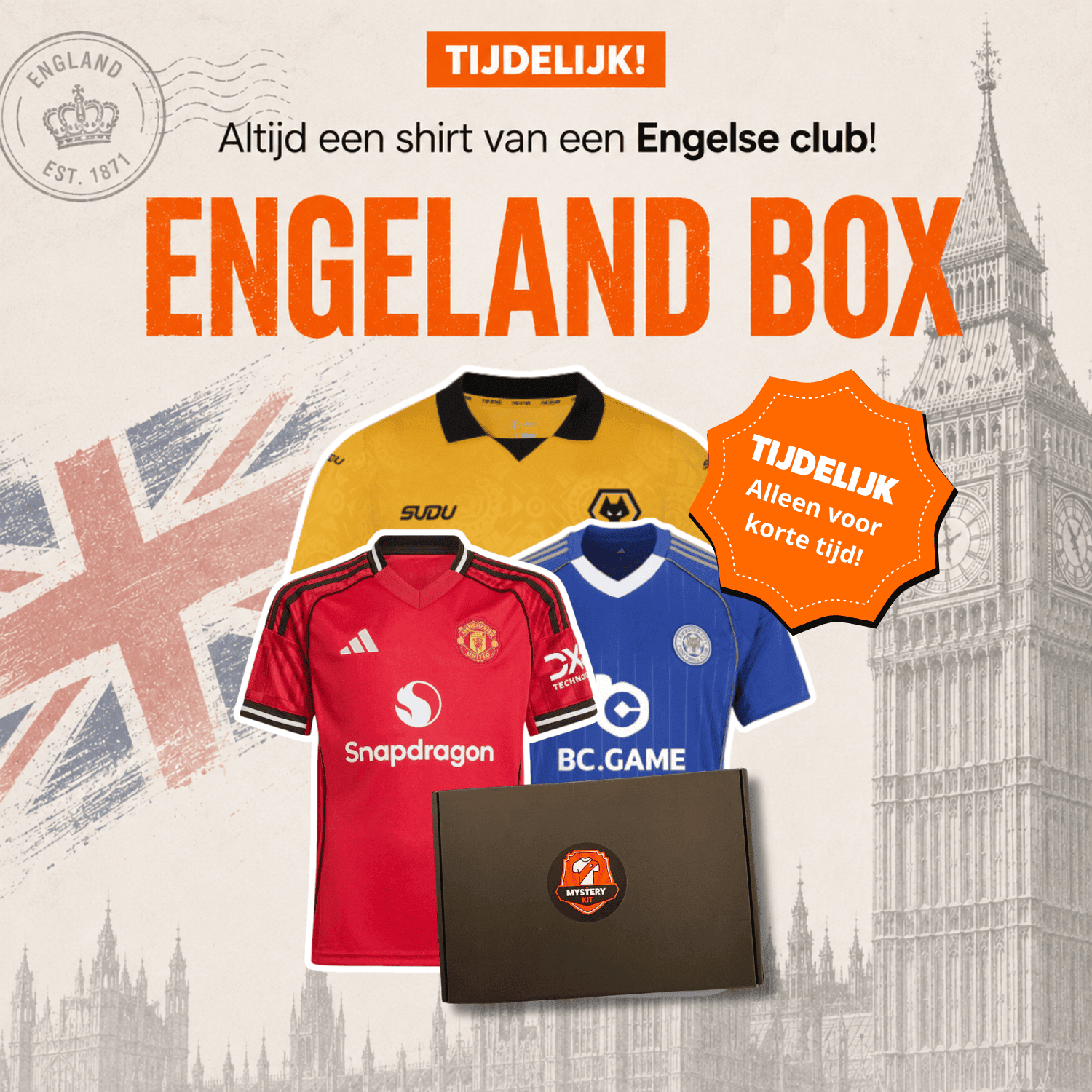 Engeland Box van Mystery Kit met een officieel mystery voetbalshirt van een Engelse club uit de Premier League, Championship, League One of League Two.
