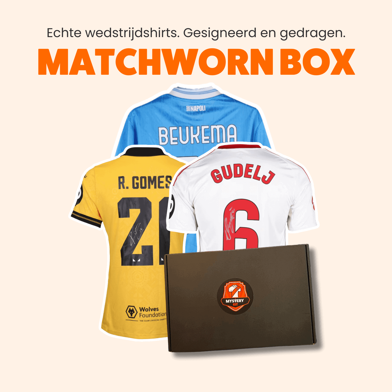 Gesigneerde wedstrijdgedragen voetbalshirts van profspelers, verpakt in de Matchworn Box van Mystery Kit.