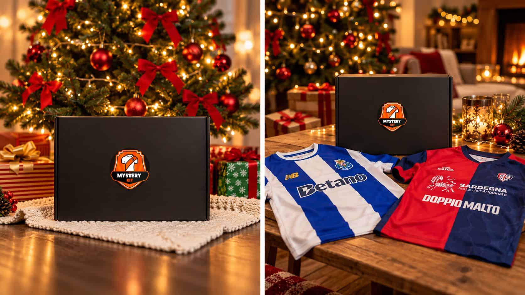 Mystery Kit kerstcadeau met voetbalshirts onder de kerstboom